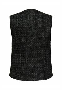 Črna brezrokavnik iz teksturirane tkanine z izdelanim hrbtnim delom in subtilnimi odtenki barve niti.