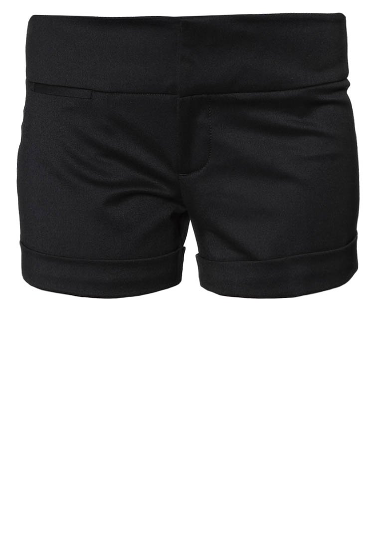 Zwarte shorts van een gladde stof, met een opgerolde zoom, een voorkantzak en een aansluitende tailleband. Eenvoudig ontwerp zonder zichtbare patronen.