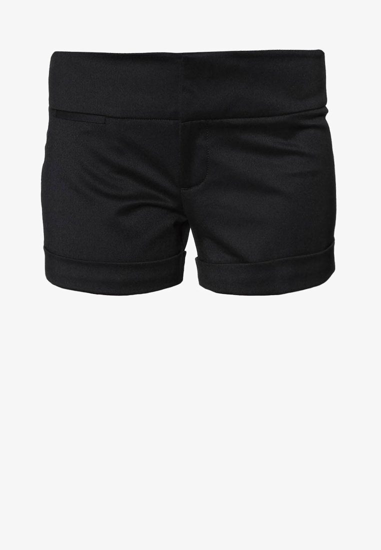 Shorts noirs en tissu lisse, avec un ourlet roulé, une poche avant et une taille ajustée. Design simple sans motifs visibles.