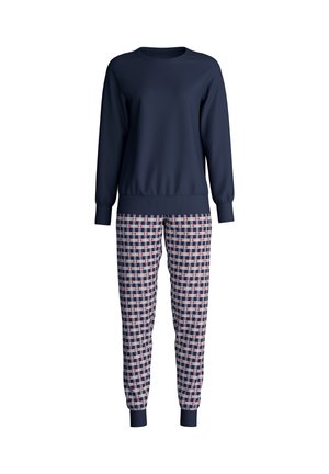Marineblauwe sweatshirt met lange mouwen, gecombineerd met bijpassende geruite pyjamabroek met marineblauw, wit en rode patronen en elastische manchetten.
