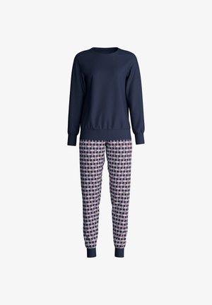 Marineblauwe sweatshirt met lange mouwen, gecombineerd met bijpassende geruite pyjamabroek met marineblauw, wit en rode patronen en elastische manchetten.