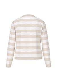 Langärmliges Oberteil mit horizontalen beige-weißen Streifen. Das Material sieht weich aus und hat eine leicht strukturierte Oberfläche. Einfacher Rundhalsausschnitt.