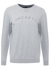 Sudadera gris hecha de una mezcla de algodón. Presenta un escote redondo, mangas largas y un logo impreso con "HACKETT LONDON-ENGLAND."