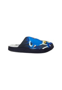 Pantofole scivolose da cartone blu con suola nera, parte superiore in tessuto caratterizzata da un vivace design grafico e texture liscia.
