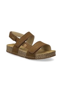 Brown suede sandals with two adjustable straps, a cork footbed, and a textured outsole for grip. Lightweight design suitable for casual wear.