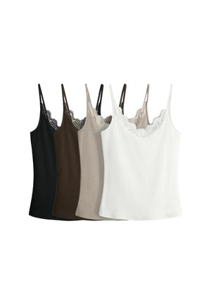 Fünf Spitzen-Camisoles mit dünnen Trägern in Schwarz, Dunkelbraun, Taupe, Beige und Weiß, nebeneinander auf weißem Hintergrund angeordnet.