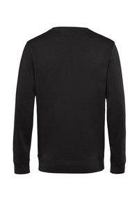 Felpa nera con scollo a girocollo, maniche lunghe e una texture liscia. Polsini e orlo ribattuti. Senza loghi o motivi visibili.