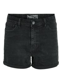 Pantaloni scurți din denim negru cu tiv răsucit, nasturi și fermoar în față, bucle pentru curea și buzunare în față și spate, mărimea medie.