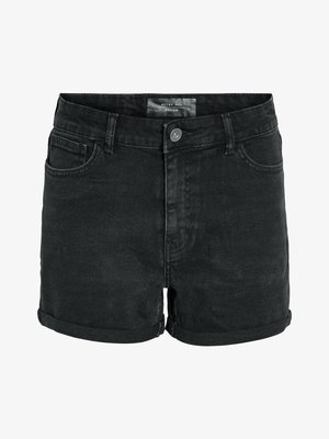 Črne kavbojske kratke hlače z zavihanimi robovi, gumbom spredaj in zadrgo, zankami za pas ter sprednjimi in zadnjimi žepi, velikost srednja.