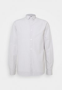 Camicia a maniche lunghe grigio chiaro in cotone con bottoni. Presenta un colletto classico e polsini regolabili, con sei bottoni sulla parte frontale.