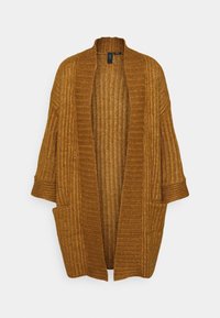 Brun stickad cardigan med ribbad textur, öppen framsida, vida ärmar och två framfickor. Mjuk tygkvalitet med en lös passform.