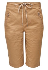 Shorts beige longueur genou avec taille à cordon et poches avant zippées, en tissu léger.