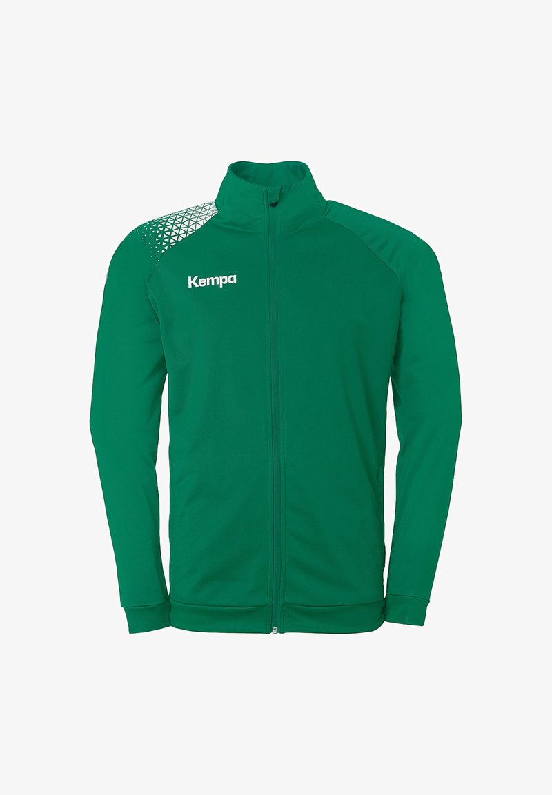 Grøn zip-up jakke lavet af glat stof, med et geometrisk mønster på den øverste venstre skulder, med mærkenavnet "Kempa" i hvid.