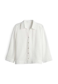 Chemise blanche à manches longues avec boutons, en tissu texturé et col classique, posée à plat sur un fond blanc.