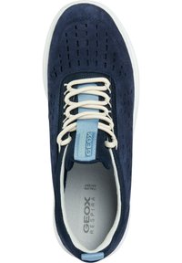 Zapatilla azul marino con parte superior de ante, diseño perforado, acentos en azul claro, cordones crema y suela blanca. Logo de Geox presente en la lengüeta.