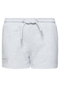 Pantalones cortos de jersey de algodón gris con una cintura elástica y cordón ajustable. Presenta un pequeño logo bordado en el lado izquierdo y una textura suave.