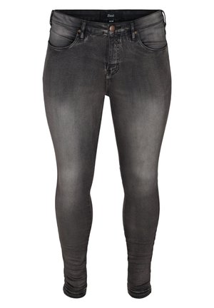 Slim-fit černé džíny z denimu s opotřebovaným vzhledem, se dvěma zadními kapsami, dvěma bočními kapsami a jednou kapsou na mince, poutky na pásek a bronzovým kovovým hardwarem na pase a zipu.