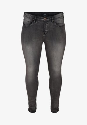 Czarne dżinsy slim-fit z wyblakłym wykończeniem, z pięcioma kieszeniami, szlufkami na pasek oraz brązowym metalowym wykończeniem w pasie i na suwaku.