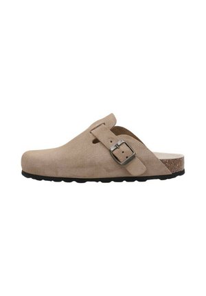 Sabots en suédine beige avec un design courbé, détail de boucle sur le côté et semelle en liège, dotés d'une semelle en caoutchouc noir texturé.