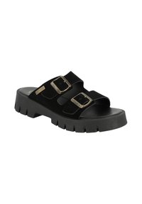 Sandali neri a fascia in suede, con due cinturini regolabili con fibbie in metallo, suola in gomma spessa con battistrada testurizzato.