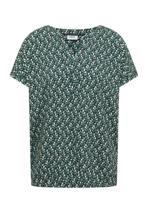 Vihreä, lyhythihainen pusero, jossa tiheä valkoisen ja sinivihreän lehtikuvio ja pieni V-kaulus.