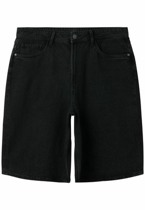 Fekete farmer térd alatti rövidnadrágok elülső gombbal, cipzáras záródással, két elülső zsebbel és övbújtatókkal.