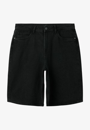 Czarne krótkie spodenki dżinsowe do kolan z zapinanym na guziki przodem, zamkiem błyskawicznym, dwoma przednimi kieszeniami i szlufkami na pasek.