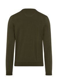 Pullover lavorato a maglia verde scuro con maniche lunghe, collo a giro. Tessuto liscio con orlo aderente e design senza cuciture sulle spalle.