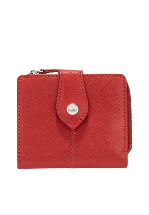 Portafoglio in pelle rossa con finitura testurizzata, dotato di chiusura a scatto, dettagli cuciti e un scomparto con zip sul lato.
