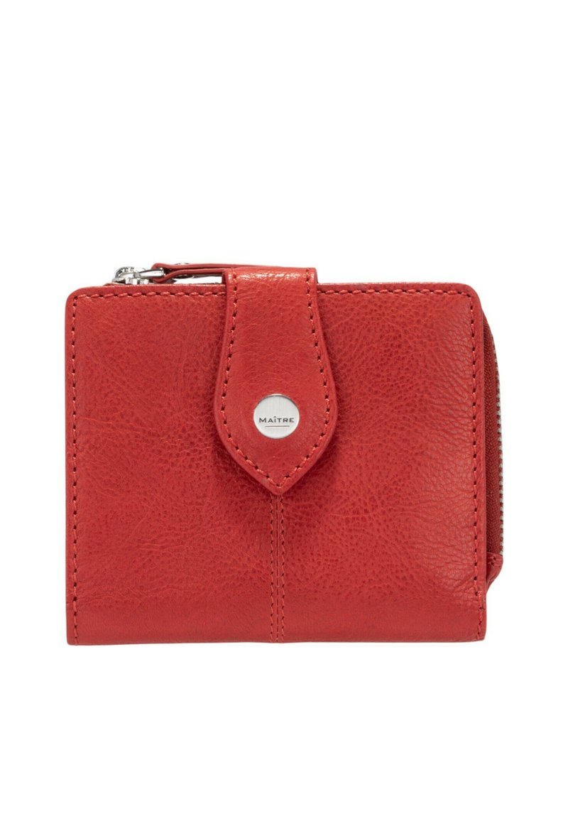 Portefeuille en cuir rouge avec une finition texturée, doté d'une fermeture à pression, de détails de couture et d'un compartiment zippé sur le côté.