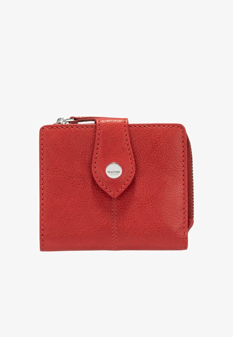 Portafoglio in pelle rossa con finitura testurizzata, dotato di chiusura a scatto, dettagli cuciti e un scomparto con zip sul lato.