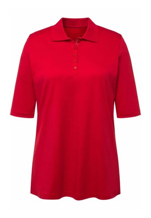 Punainen polo-paita, jossa on lyhyet hihat, viiden napin kärki ja klassinen kaulus. Valmistettu sileästä kankaasta, jossa on tasainen väri eikä kuvioita.