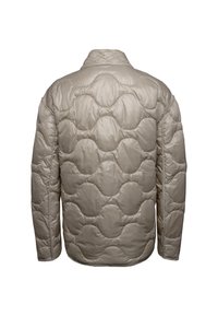 Beige pufferjack met een gladde, lichte stof en een gewatteerd ontwerp met ronde horizontale patronen en een Mandarin-kraag.