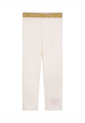 Leggings bianchi con fascia elastica in glitter oro che presenta il logo "ESCADA" e un sottile logo "EC" rosa chiaro vicino all'orlo inferiore.