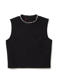 Top sin mangas negro con cuello alto, que presenta un collar decorativo de cristales. Tela suave, ajuste entallado y cierre con cremallera en la parte posterior.