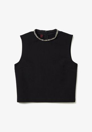 Zwarte mouwloze top met een hoge halslijn, voorzien van een decoratieve kristallen kraag. Glad stof, getailleerde pasvorm en achterzijde met ritssluiting.