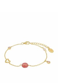Pulsera de cadena de oro con un bead rosa central, un charm en forma de corazón y acentos de cristal rosa. Incluye un cierre de langosta y longitud ajustable.