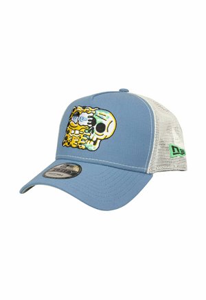 Light blue and white mesh baseball cap with an embroidered yellow cartoon skull design on the front panel and adjustable strap.
