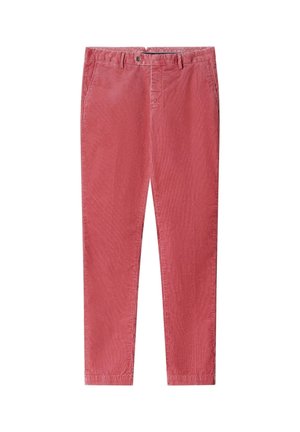 Červené bavlněné chinos s rovnýms střihem, vybavené zapínáním na knoflík a poutky na opasek. Texturovaná látka s jemným povrchem a bez viditelných vzorů.