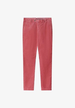 Rode katoenen chinos met een rechte snit, voorzien van een knoopsluiting en ceintuurlussen. Gelaagd stoffen met een zachte afwerking en zonder zichtbare patronen.