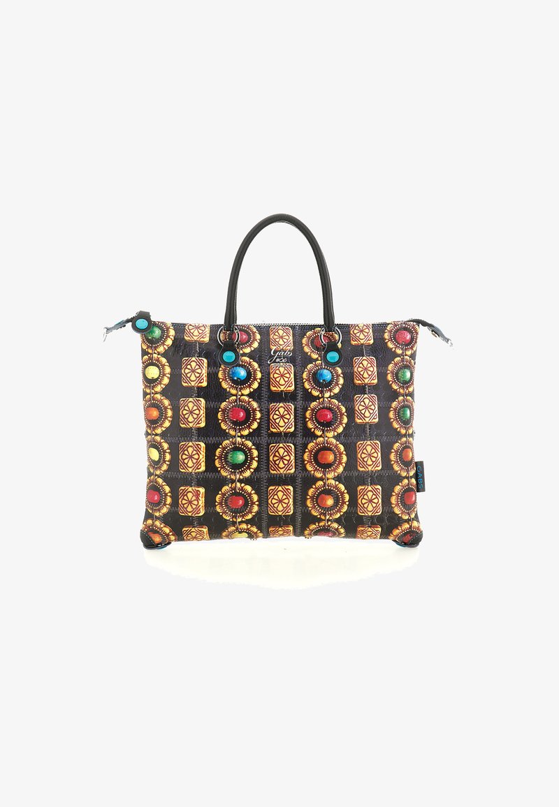 Borsa a spalla nera con motivi vibranti geometrici in rosso, giallo e turchese. Presenta due manici neri e una chiusura con zip.