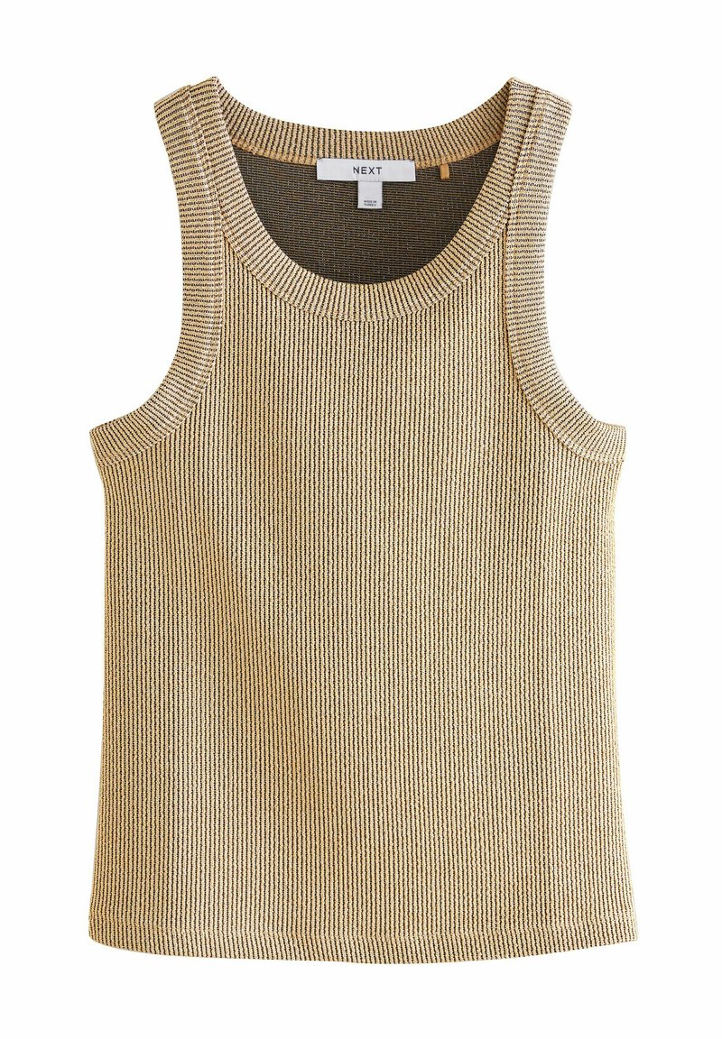 Débardeur tricoté sans manches à rayures beige et noir avec col rond, étiquette "NEXT", posé à plat sur fond blanc.
