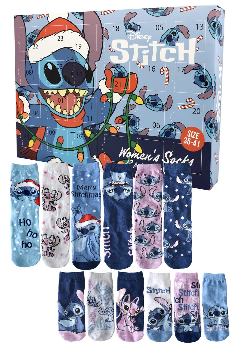 Set von Damensocken mit verschiedenen Designs von Stitch-Charakteren. Die Farben umfassen Blau, Rosa und Weiß, mit Mustern und Textdetails.