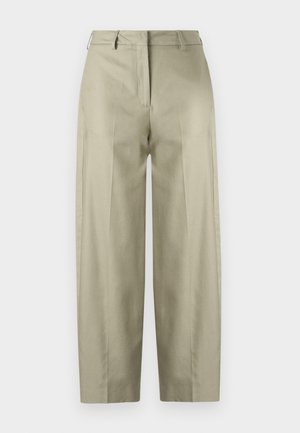 Pantalons larges beige en tissu lisse. Dotés de plis, d'une fermeture éclair et de passants de ceinture. Coupe droite de la taille à l'ourlet.
