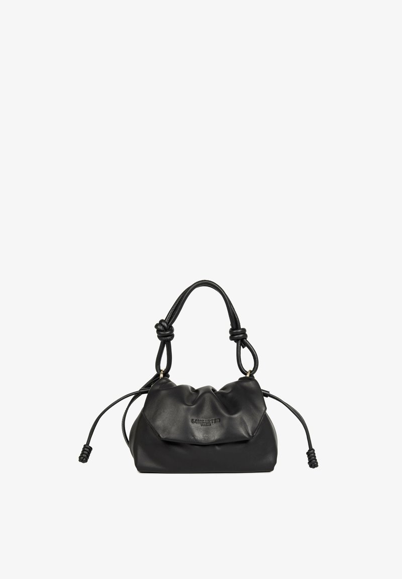 Sac à main en cuir noir avec poignées nouées et cordons latéraux, haut doux et plié, et nom de marque embossé au centre devant.