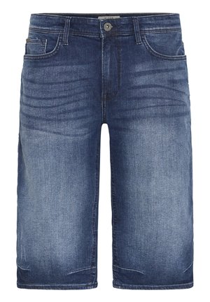 Donkerblauwe denim shorts met een klassieke snit, vijf zakken en een knoopsluiting aan de voorkant. Licht vervaagde textuur met zichtbare stiksels.