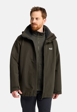 Man met rode baard die een donkergroene Jack Wolfskin jas draagt over een grijze trui met ritssluiting, kijkt naar links tegen een effen achtergrond.