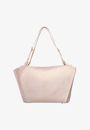 Lichtbeige lederen tote tas met dubbele verstelbare schouderbanden en minimale goudkleurige hardware accenten.