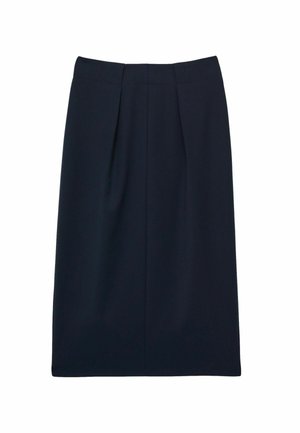 Marineblå blyantskjørt lavet af glat stof, med knælængde, læg foran og klassisk linning.