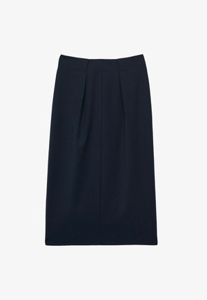 Granatowa ołówkowa spódnica wykonana z gładkiej tkaniny, o długości do kolan, z plisami z przodu i klasycznym paskiem w talii.